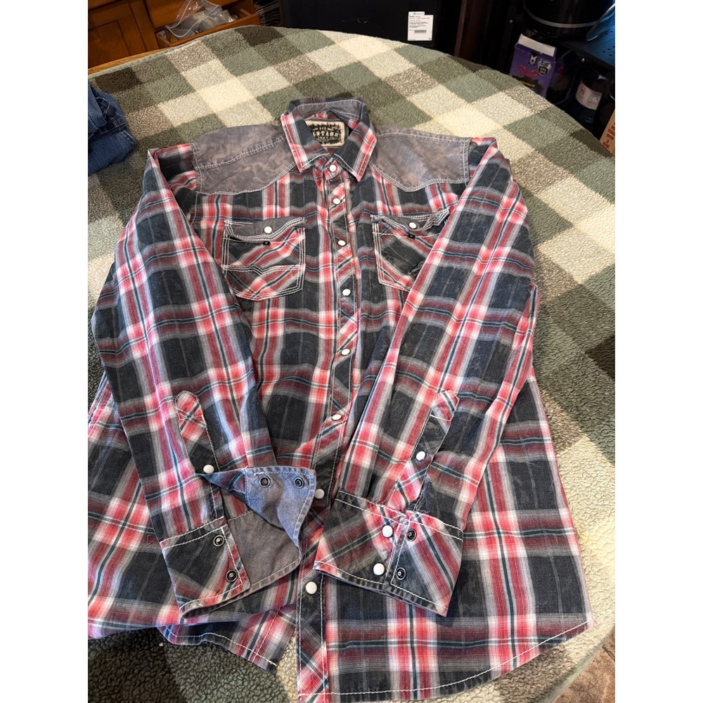 BKE Vintage 1967 Mens Athletic Fit Pearl Snap Western Plaid Shirt Red Black L‎